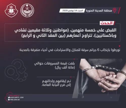 عصابة من 3 جنسيات سرقت 6 منازل واستراحات