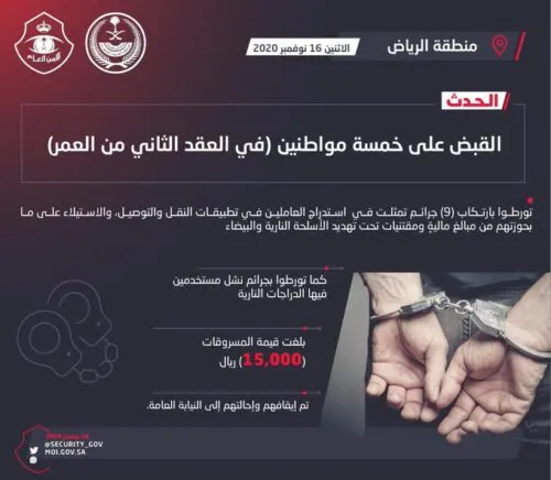 5 مراهقين يسلبون 15 ألفاً من سائقي التطبيقات