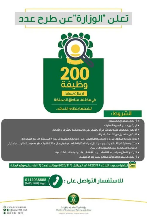 “البيئة” تطرح 200 وظيفة رجالية ونسائية بنظام التعاقد.. إليك الشروط