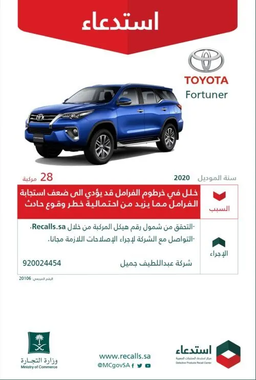 “التجارة” تستدعي سيارات “تويوتا”.. والسبب خلل خطر في الفرامل