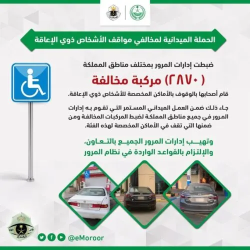 2870 سائقاً استولوا على مواقف ذوي الإعاقة.. والمرور عاقبهم
