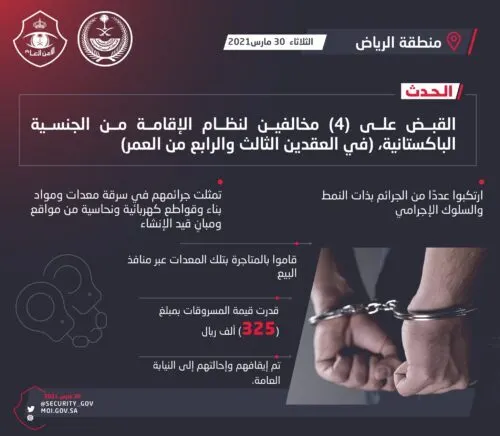 باكستانيون يسرقون معدات ومواد بناء وقواطع بـ325 ألف ريال