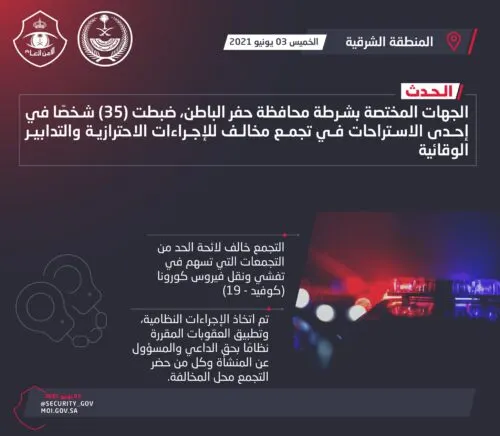 ضبط 80 مخالفاً في تجمعين بحفر الباطن وخميس مشيط