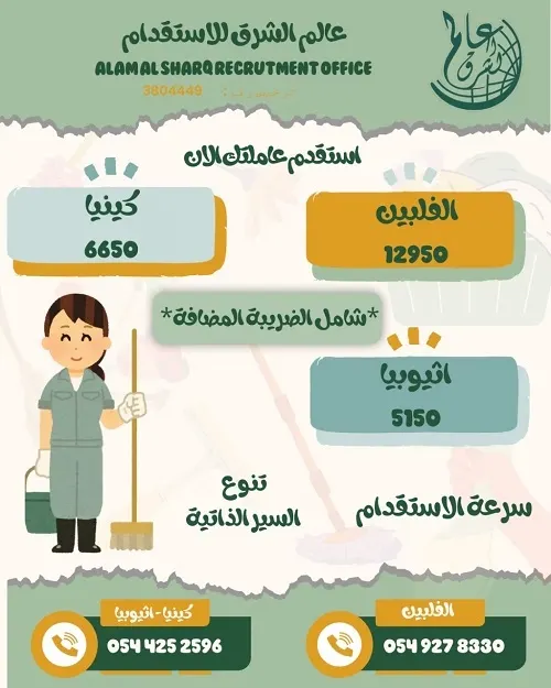 فرصة جديدة.. استقدام الفلبينية بـ 12950 والكينية 6650 بـ والإثيوبية بـ 5150 ريالاً