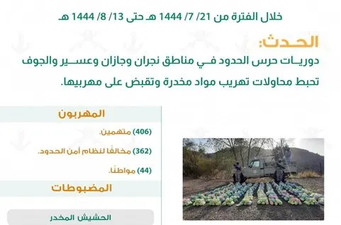4 مناطق.. سقوط 406 مهرب مخدرات في 22 يوماً