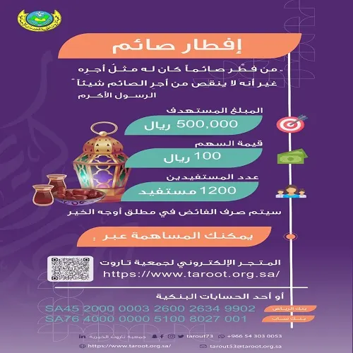 خيرية تاروت تحتاج إلى نصف مليون لتمويل برنامج إفطار صائم
