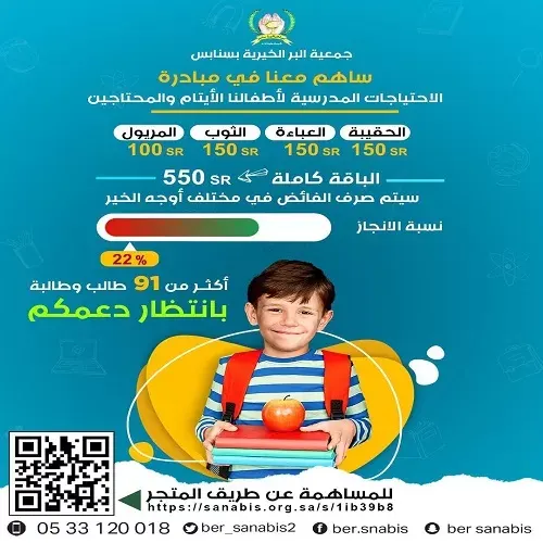 بر سنابس.. مبادرة “الاحتياجات المدرسية” تجمع 22% من تكلفتها