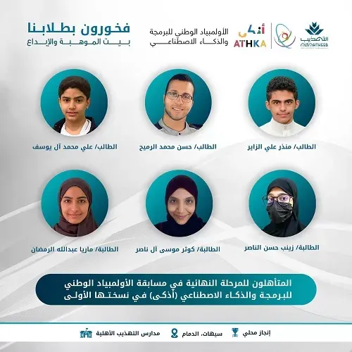 طلاب التهذيب يتأهلون للمرحلة النهائية في الأولمبياد الوطني للبرمجة والذكاء الاصطناعي (أذكى) في نسختها الأولى