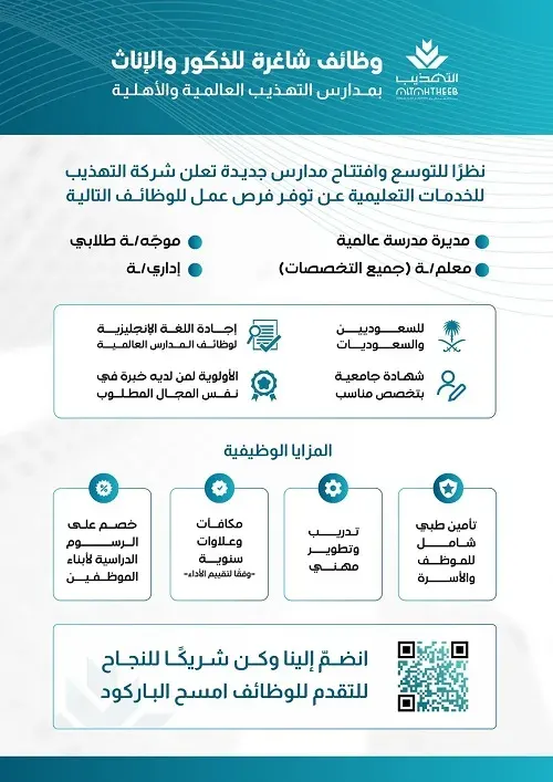 للسعوديين والسعوديات.. وظائف شاغرة في شركة التهذيب التعليمية