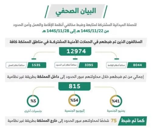 12974 مخالفاً لأنظمة الإقامة والعمل وأمن الحدود.. خلال أسبوع