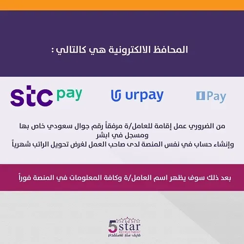 المحافظ الإلكترونية المعتمدة لتحويل رواتب العمالة المنزلية.. STCPAY & URPAY & IPAY