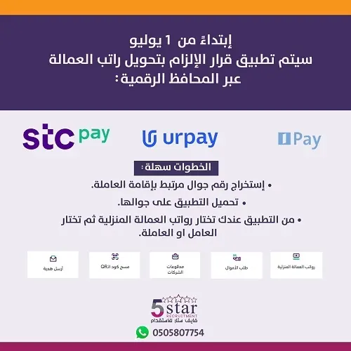 فايف ستار يهديكم شرح لطريقة تحويل راتب العاملة عبر المحافظ الرقمية