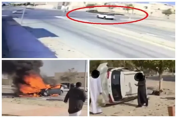 الجبيل.. تصادم ثلاثي يقلب سيارتين و يشعل النار في ثالثة