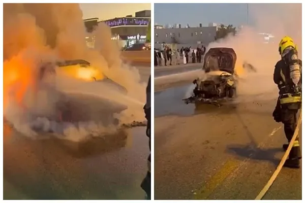 الرياض.. نجاة سائق من حريق سيارته وتفحمها في حي المصيف