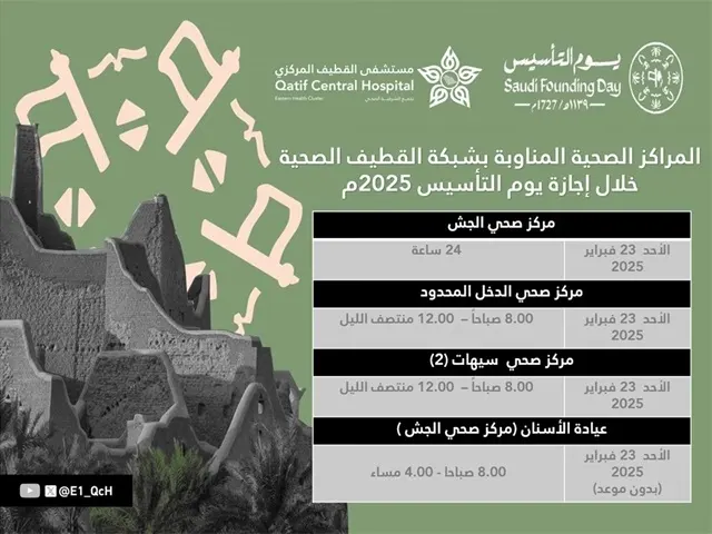 القطيف.. 4 مراكز صحية مناوبة في يوم التأسيس