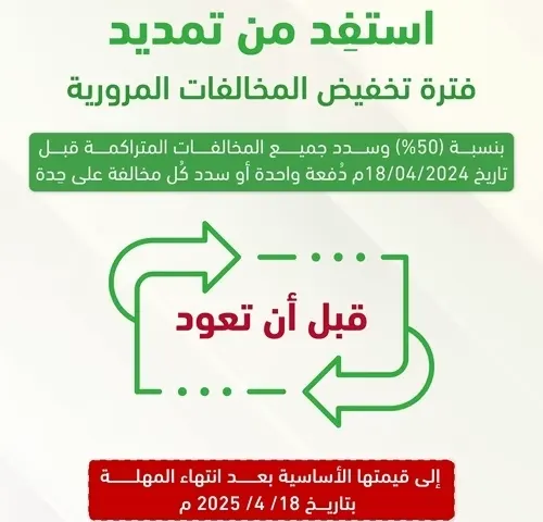 “المرور” يجدد التذكير: 10 أيام على انتهاء مدة تخفيض المخالفات