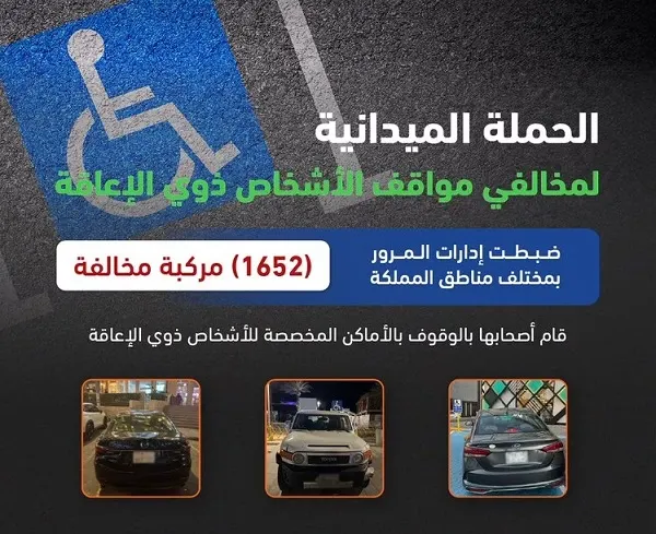 مخالفة 1652 سائقاً استغلوا مواقف ذوي الإعاقة