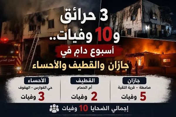 3 حرائق و10 وفيات.. أسبوع دامٍ في القطيف والأحساء وجازان