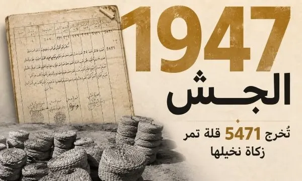 في العام 1947.. الجش أخرجت 5471 قلة تمر زكاة 352 بستان نخيل