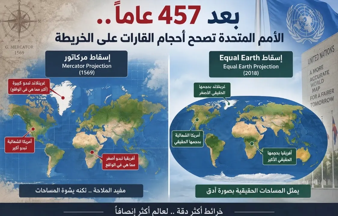 بعد 457 عاماً.. الأمم المتحدة تصحح أحجام القارات على الخريطة