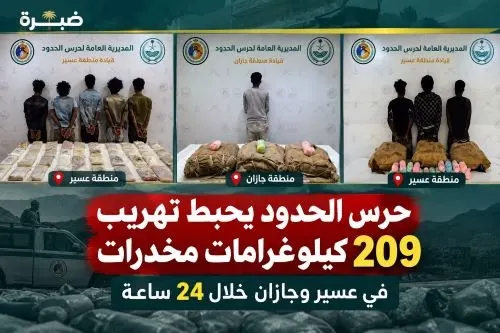حرس الحدود يحبط تهريب 209 كيلو مخدرات في عسير وجازان